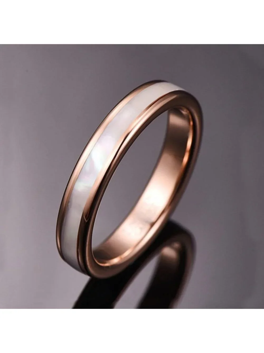 Rose Gold Tungsten Carbide Ring with Mother of Pearl Inlay, Comfort Fit, Size